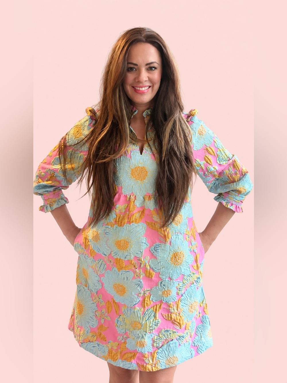 Uncle Frank Pink Mini Dress with Blue and Yellow Floral Appliqué